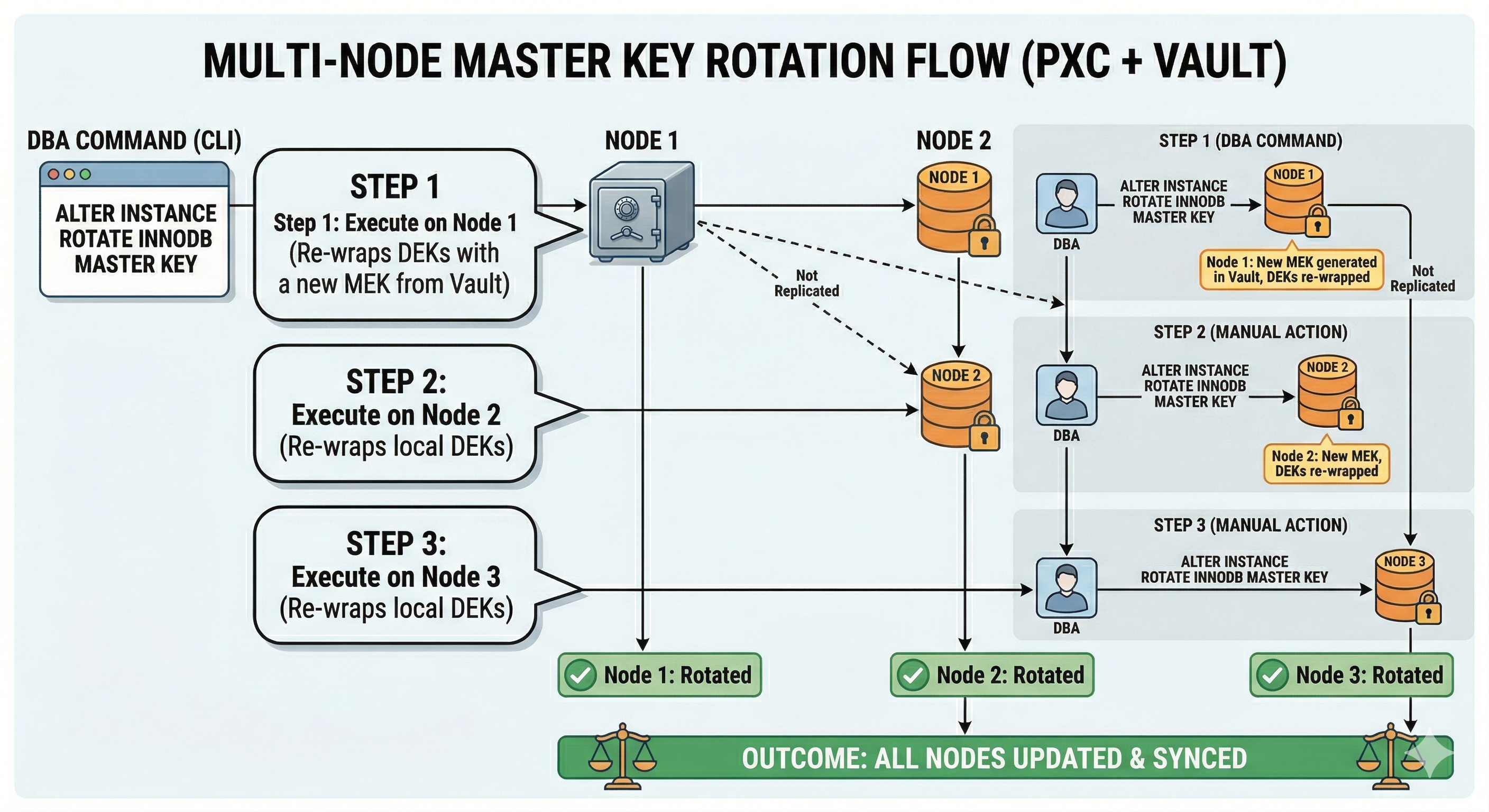 Rolling InnoDB master key rotation across cluster members